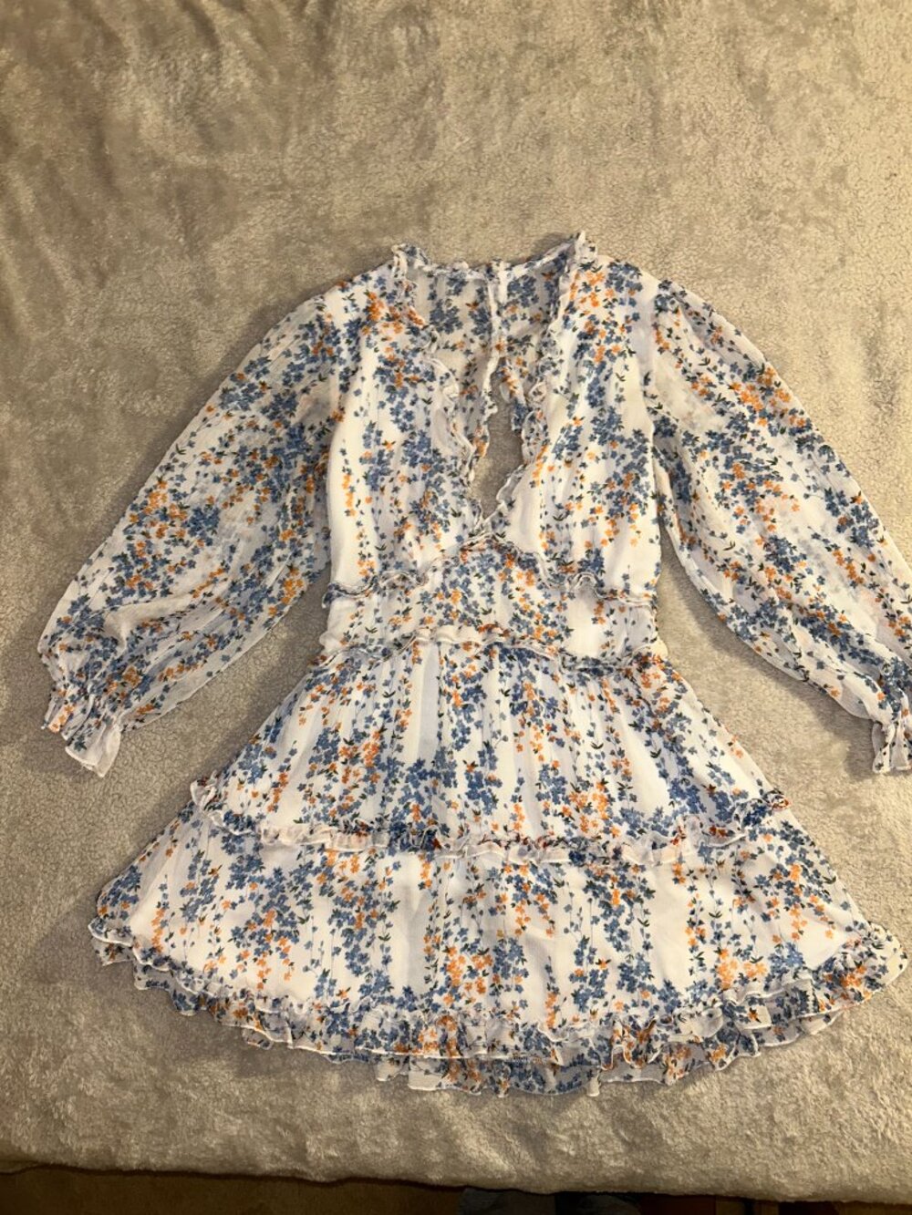 Amazon Floral Backless Ruffle Mini Dress in White, Blue, Orange